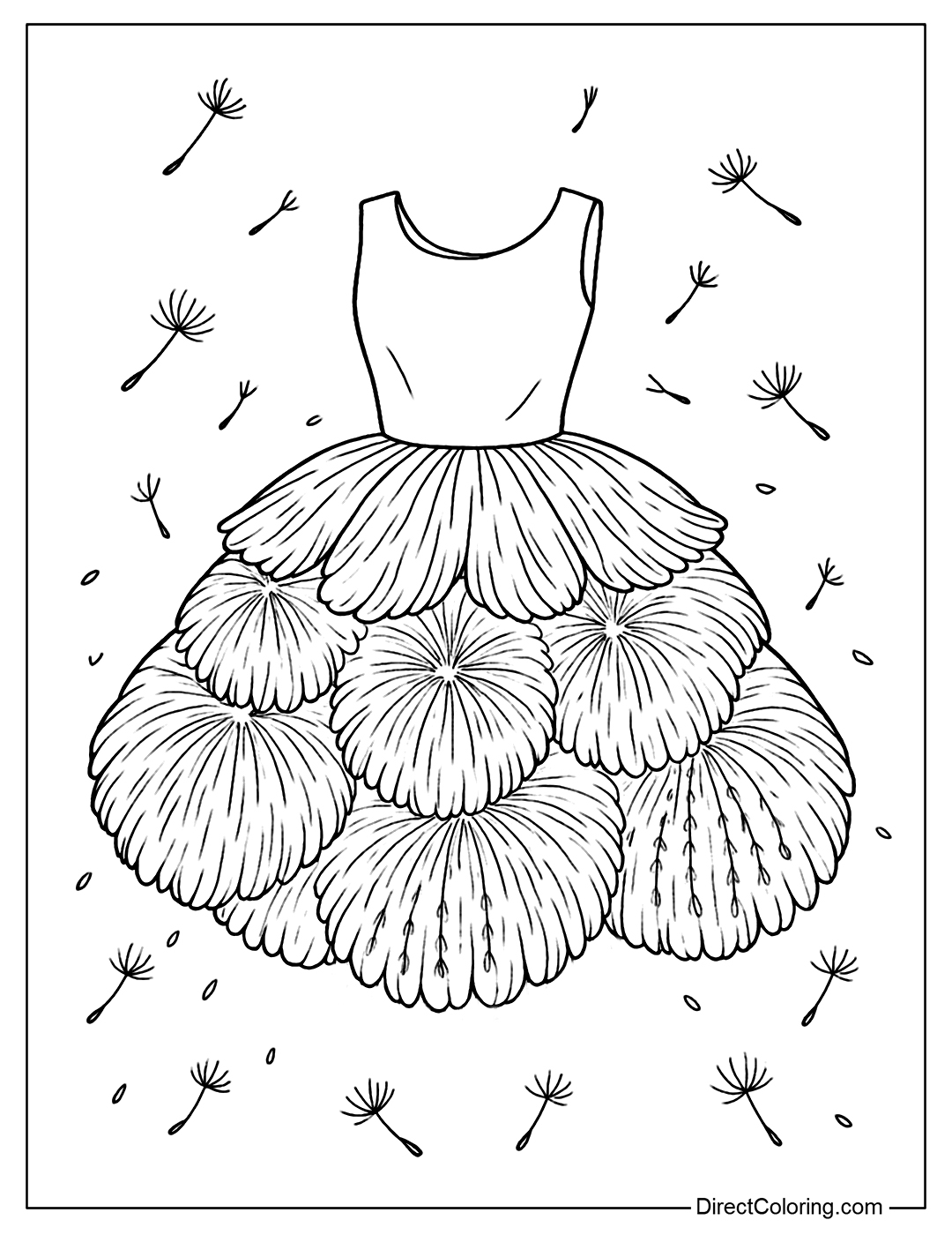 A puffy dandelion-like dress coloring page, with flying cotton seeds around the edges